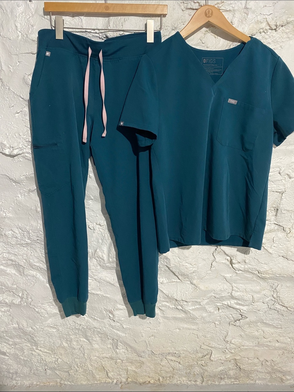 Figs Women's Teal Scrub Set with Pink Drawstring